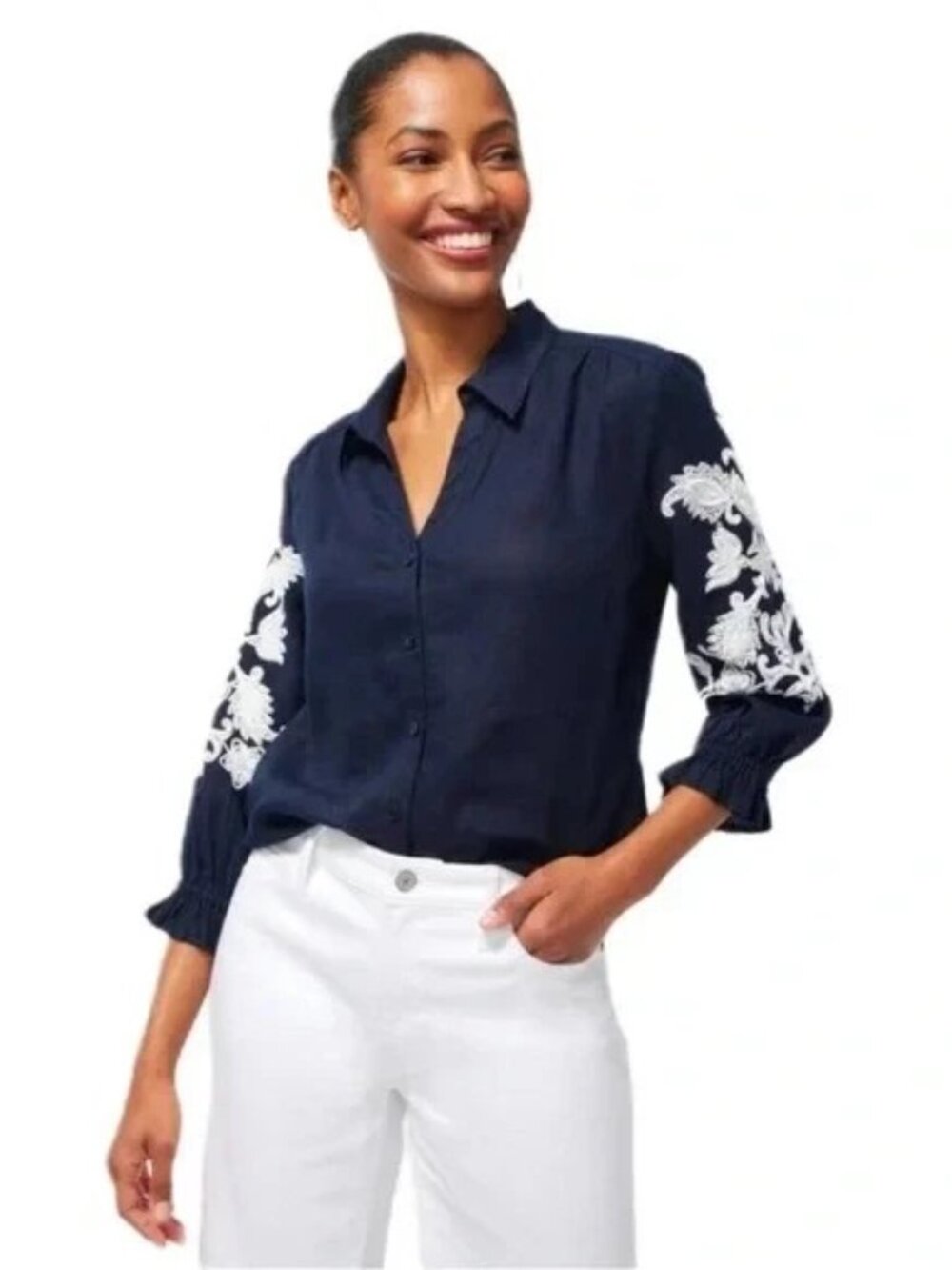 Chico's Navy Linen Button-Front Top with White Embroidered Beaded Sleeves